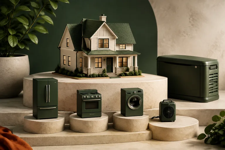Editorial illustration: Miniature house with four appliance miniatures on separate stepped platforms, one platform gently lowered, household load prioritization concept.