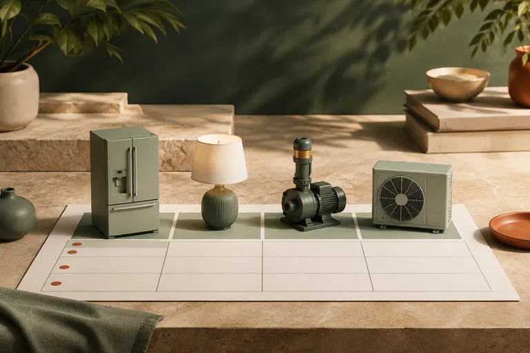 Editorial illustration: Neat array of refrigerator, lamp, well pump and air-conditioner miniatures on a blank grid worksheet, appliance power reference.