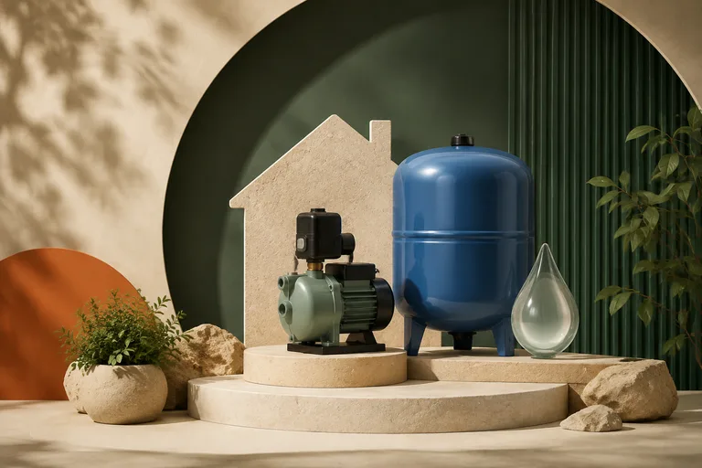 Editorial illustration: Blue pressure tank and compact water pump miniature with small house silhouette and translucent water droplet motif.