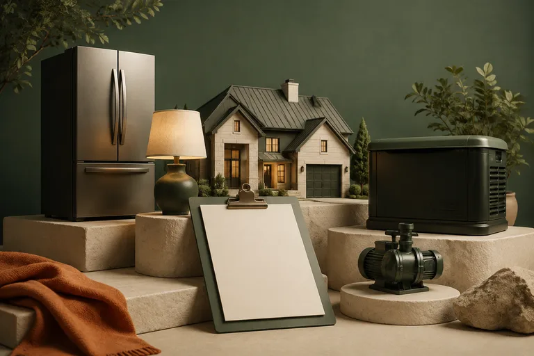 Editorial illustration: House model surrounded by refrigerator, lamp and pump miniatures; blank clipboard in foreground for household sizing.
