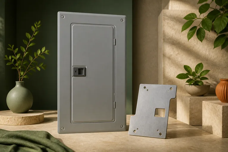 Editorial illustration: Closed household breaker panel and isolated metal interlock plate on a workbench, no exposed wiring or installation instruction.