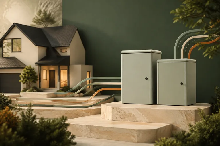 Editorial illustration: Two closed transfer-switch cabinets beside a house model, subtle abstract power-route ribbons, no real wiring diagram.