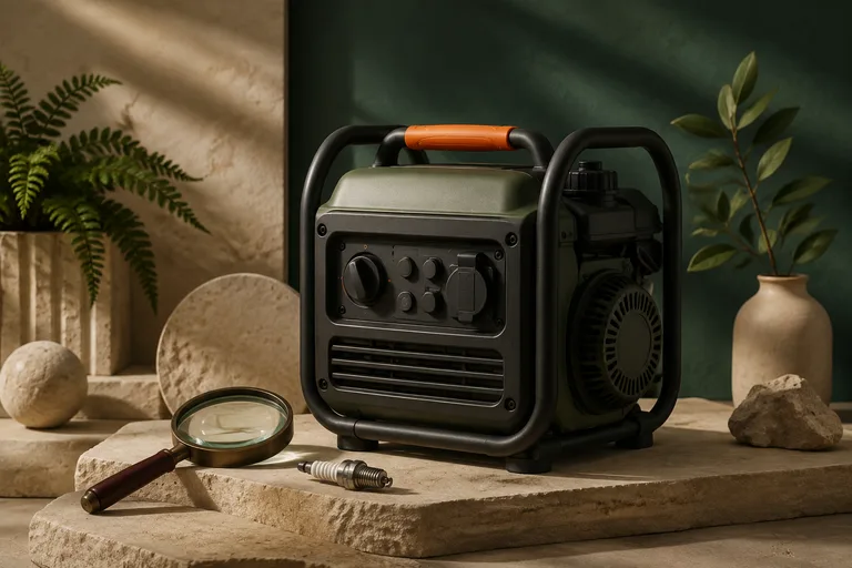 Editorial illustration: Portable generator with an unlit indicator, detached spark plug and magnifying glass, troubleshooting still life without hands or repairs in progress.