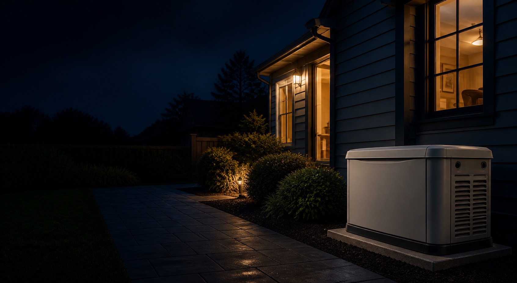A standby generator beside an illuminated home at night